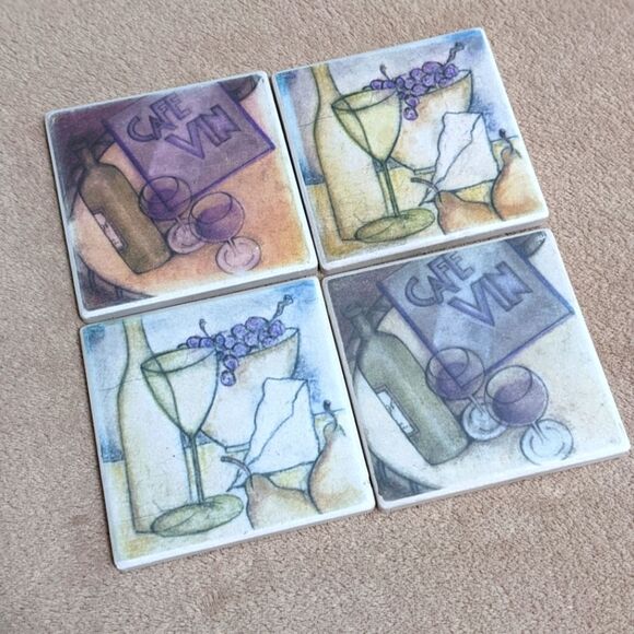 NWOT Beautiful Ceramic Wine Motif Drink Coasters - Qty 4 - Picture 2 of 6